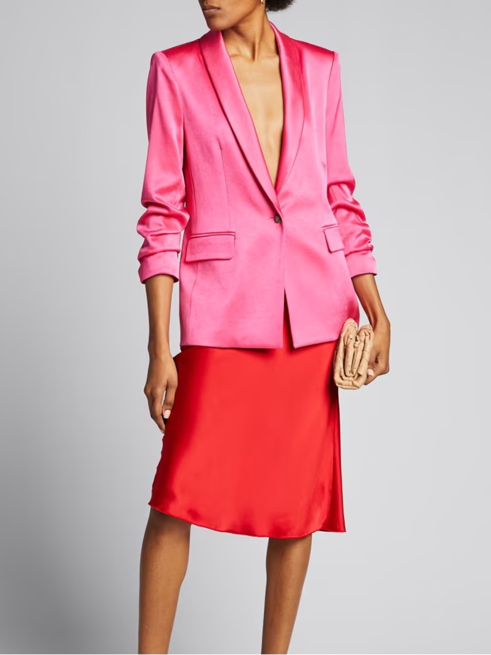 ALICE + OLIVIA Sebastian Shawl Collar Scrunch Sleeve Satin Barbie Pink Blazer 6
